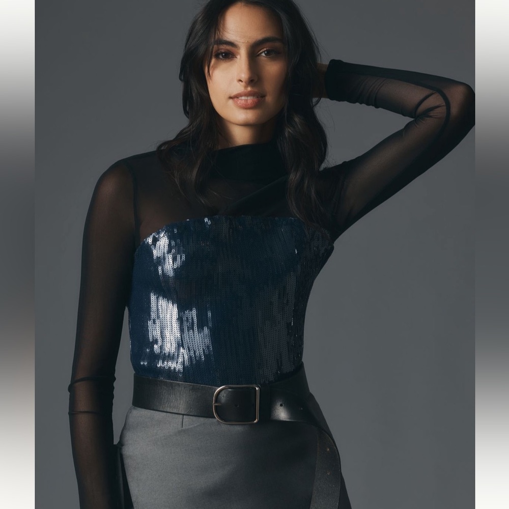 Maeve Long Sleeve Sheer Sequin Top NWT XL